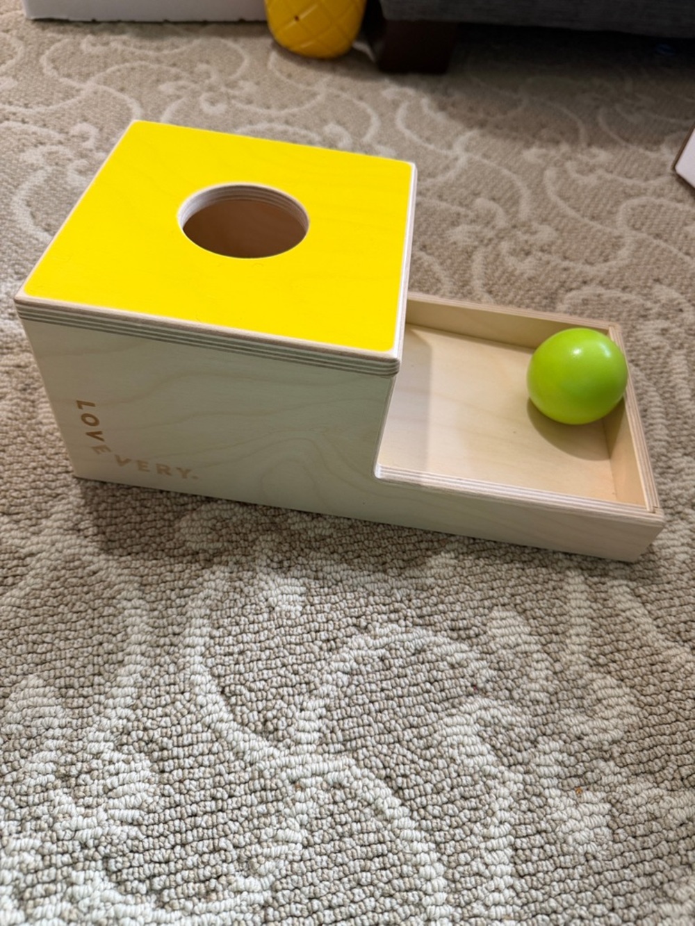 Lovevery Wooden Ball Drop Toy - Yellow Top, Green Ball